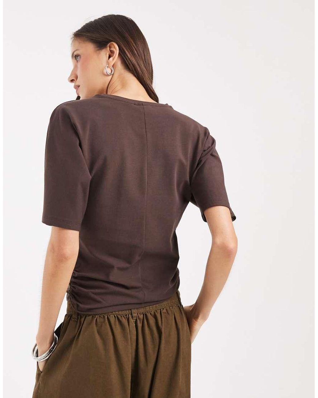 Pieces Brown Rouched Cinch Waist T-shirt