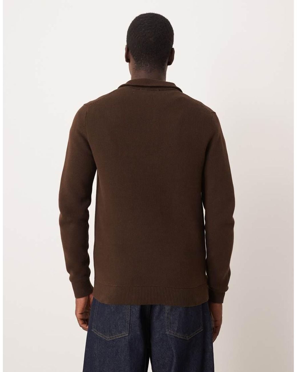 SELECTED Brown 100% Cotton Knitted Half Zip for men