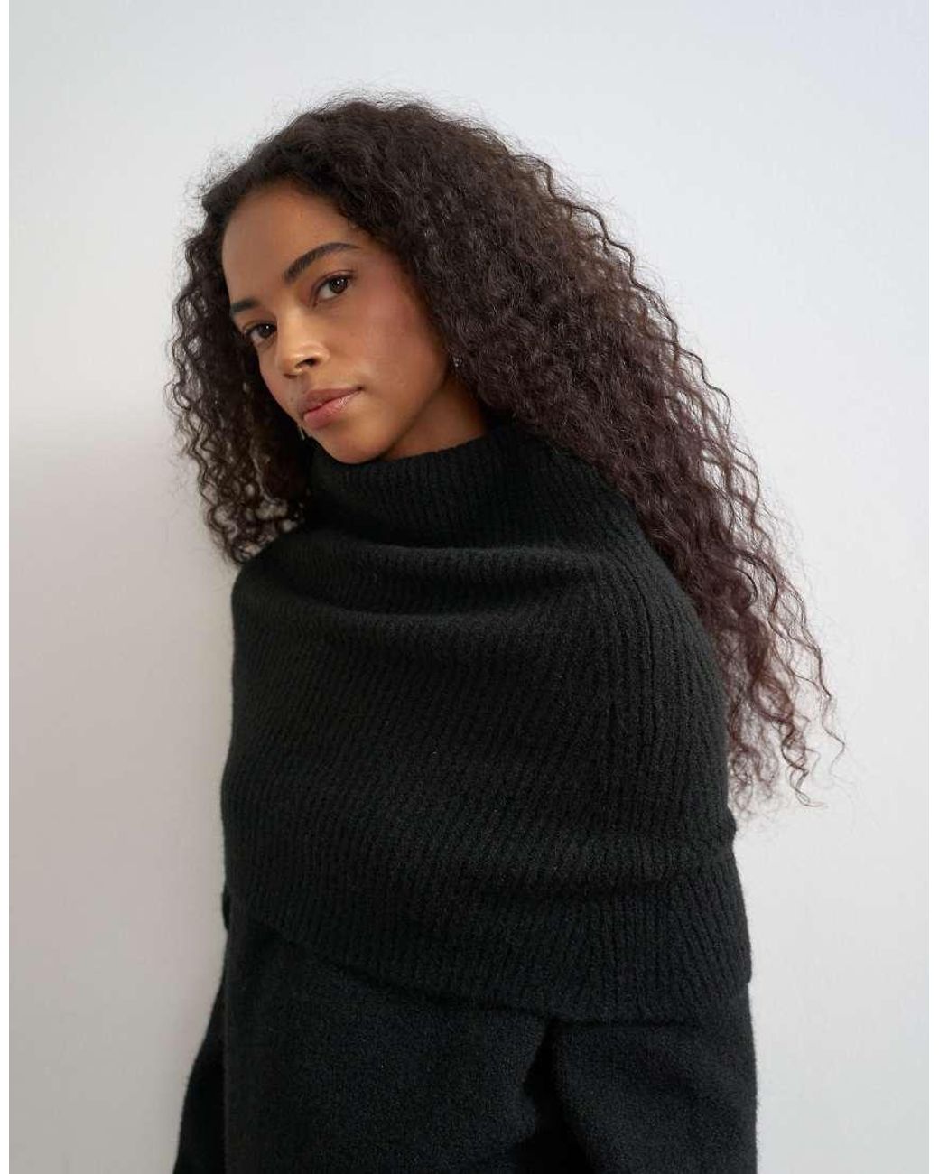 TOPSHOP Black Knitted Wool Blend Deep Fold Bardot Jumper