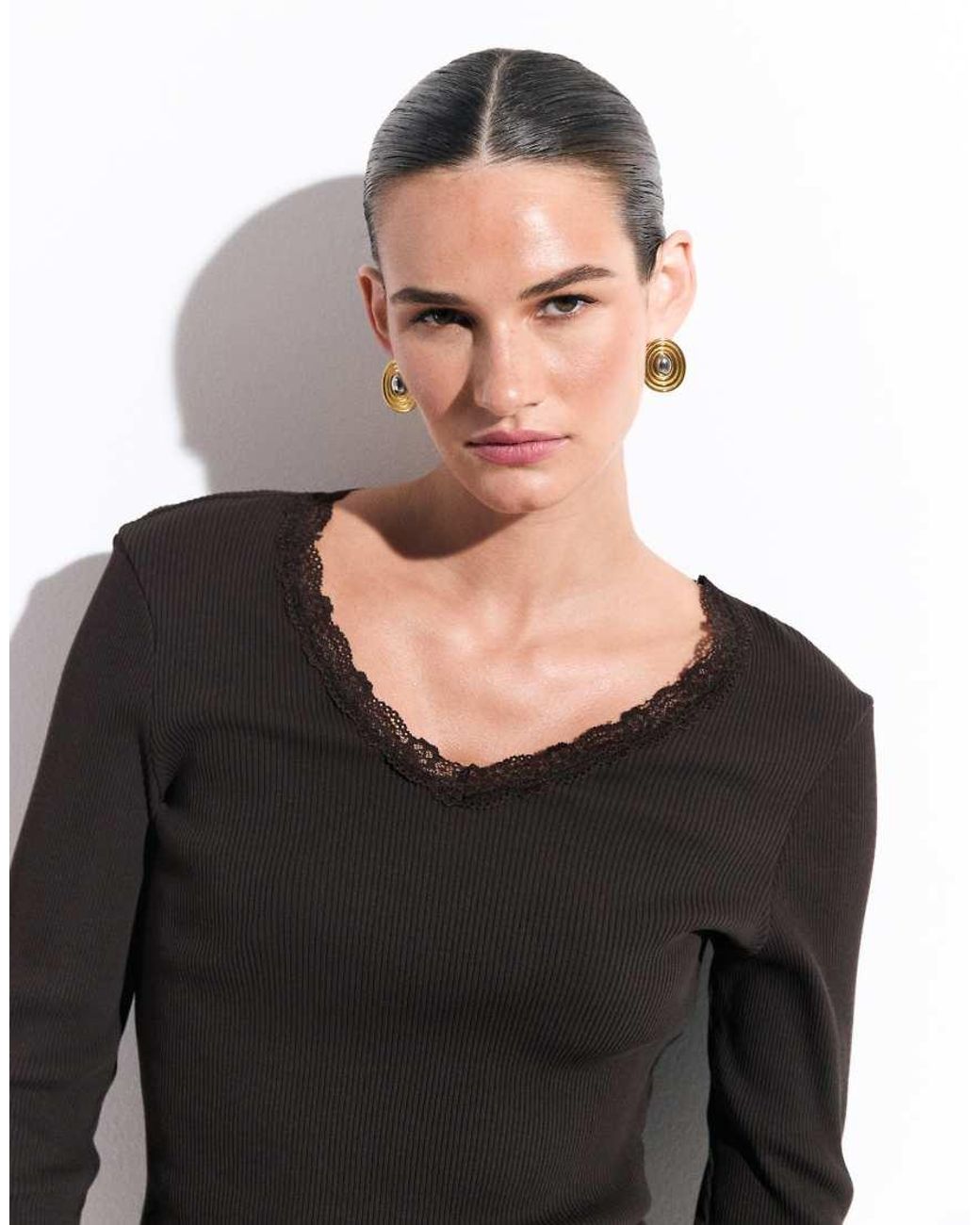 ONLY Black V Neck Long Sleeve Top With Lace Detail