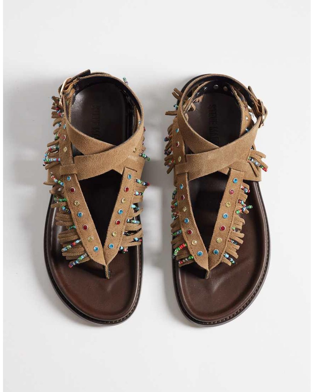 Steve Madden Brown Wendell Embellished Fringed Flat Sandals