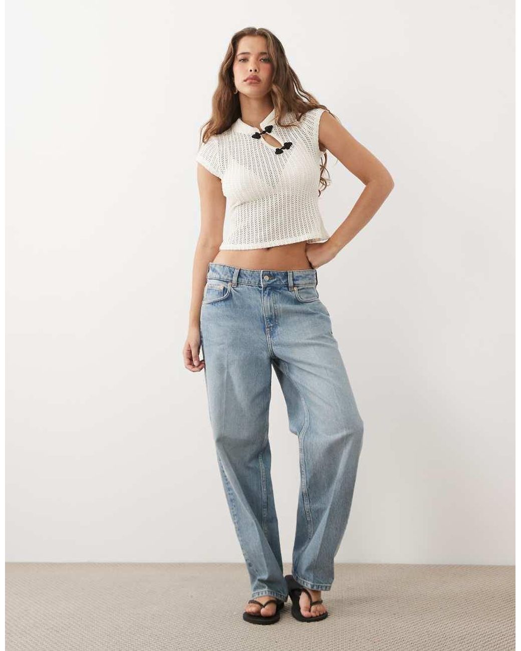 ASOS White Cap Sleeve Mandarian Style Crochet Top