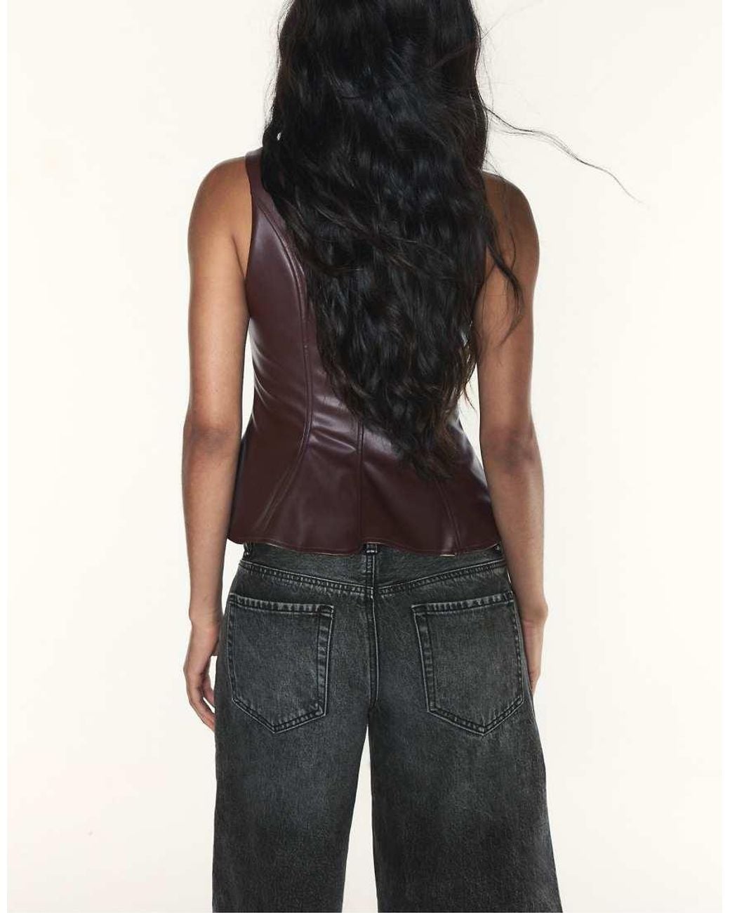 Stradivarius Blue Sleeveless Leather-Effect Peplum Top