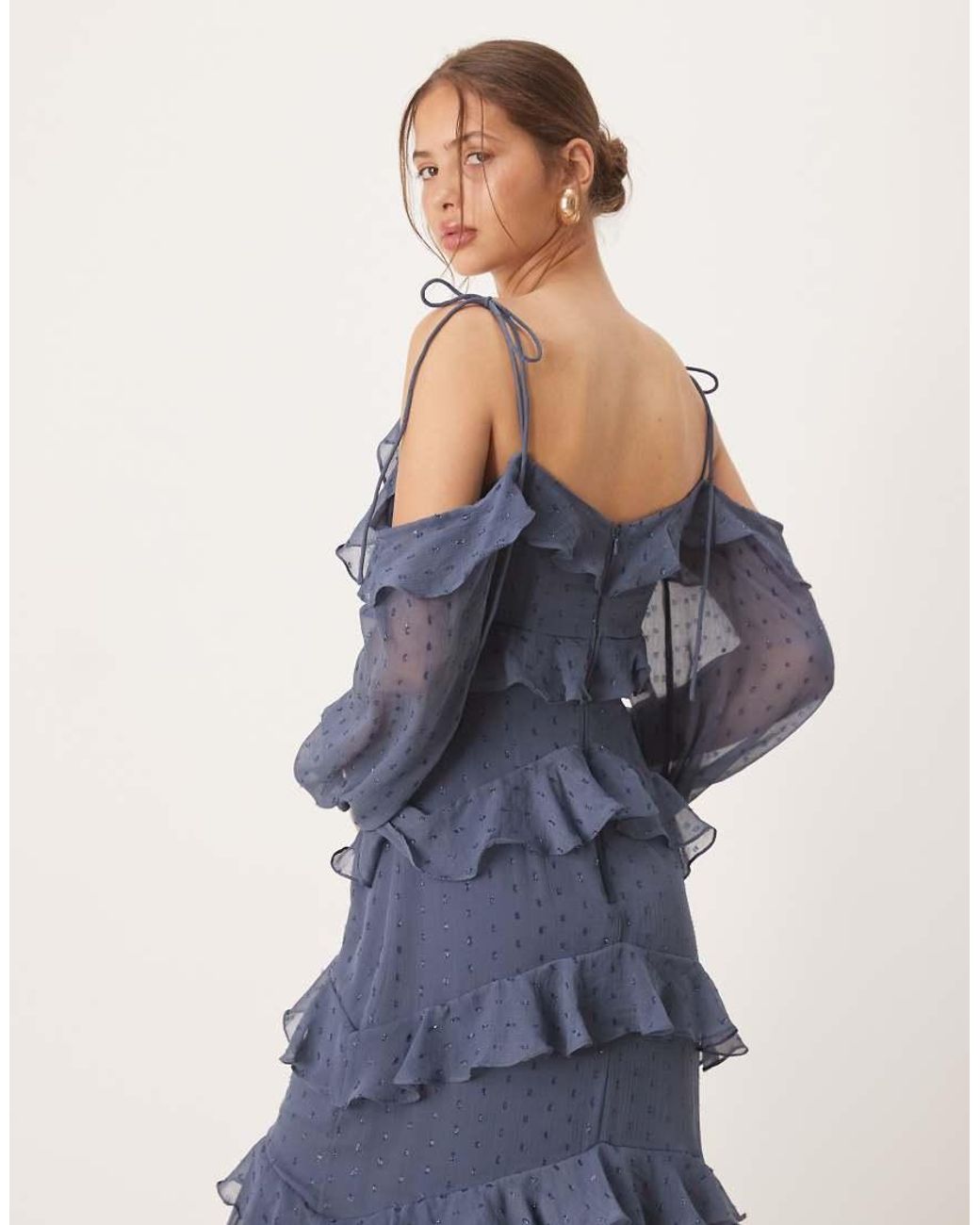 ANAYA Blue Cold Shoulder Ruffle Maxi Dress