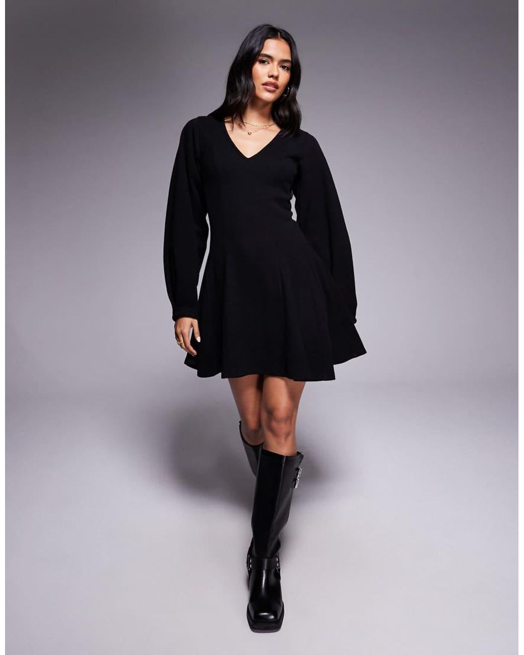 ASOS Black Supersoft V Neck Fit And Flare With Seam Detail Mini Dress