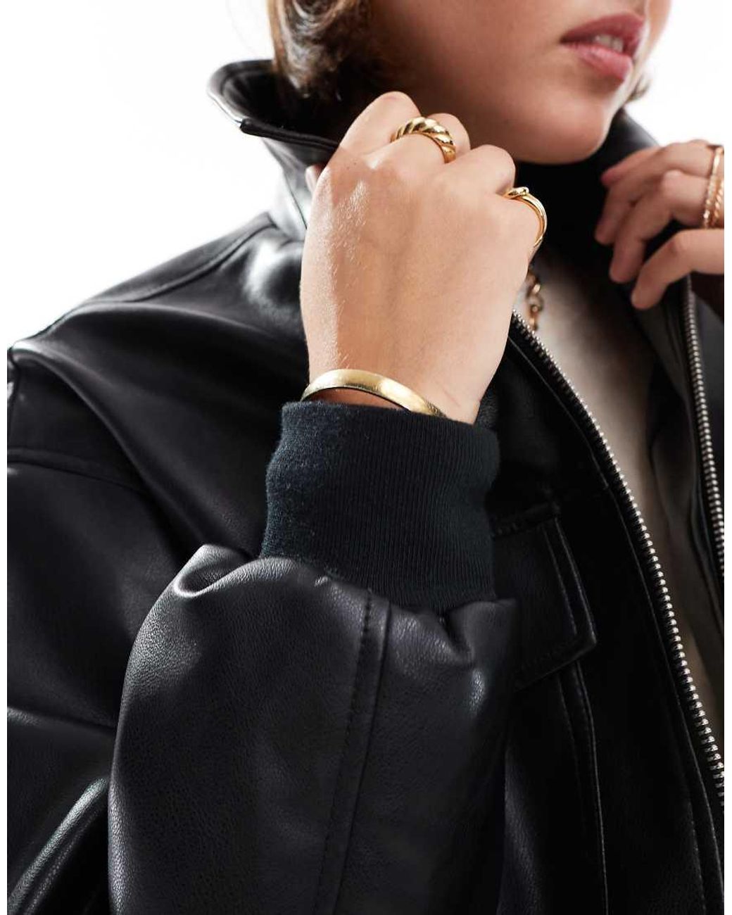 JJXX Black Faux Leather Cropped Bomber With Pockets