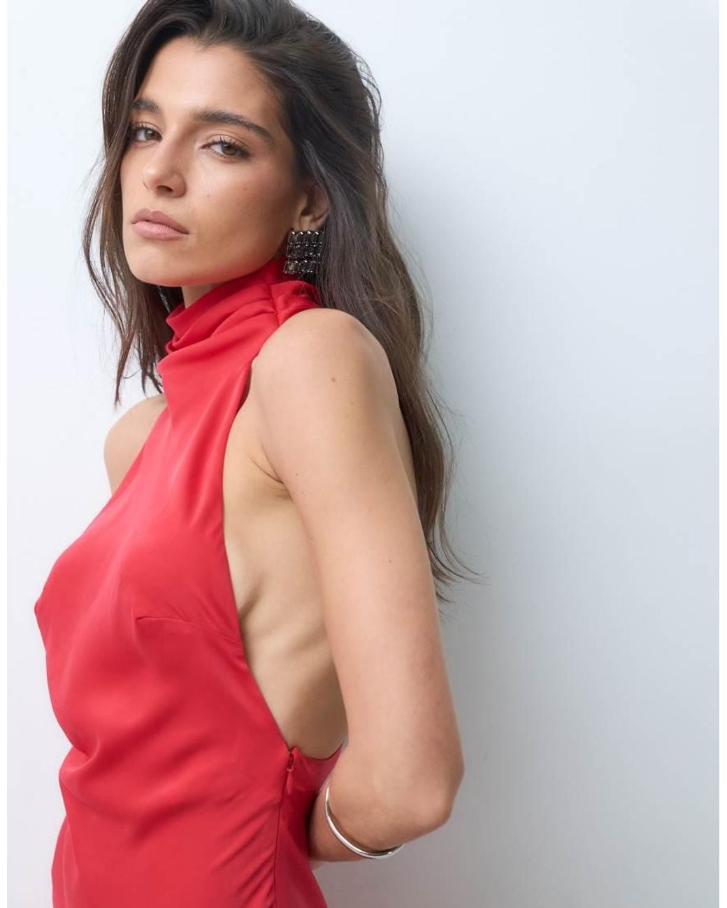 ASOS Red Funnel Neck Bias Cut Sleeveless Satin Maxi Dress