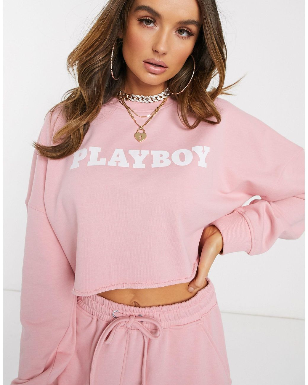 Missguided Playboy Co-ord Cropped Sweatshirt in Pink | Lyst