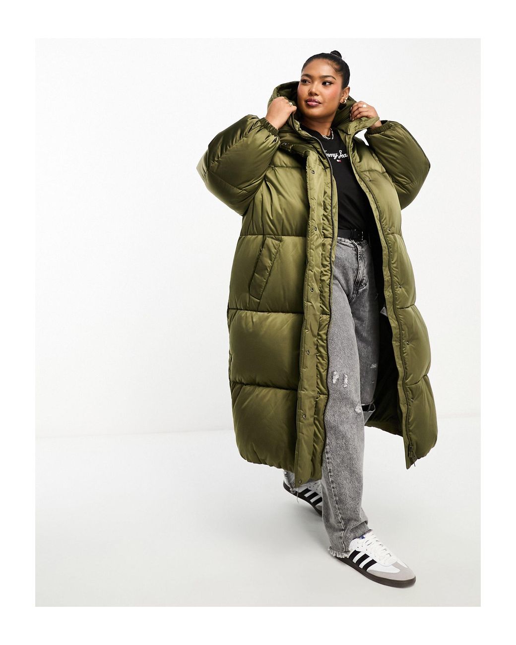 Tommy Hilfiger Plus Long Satin Puffer Coat in Green | Lyst UK