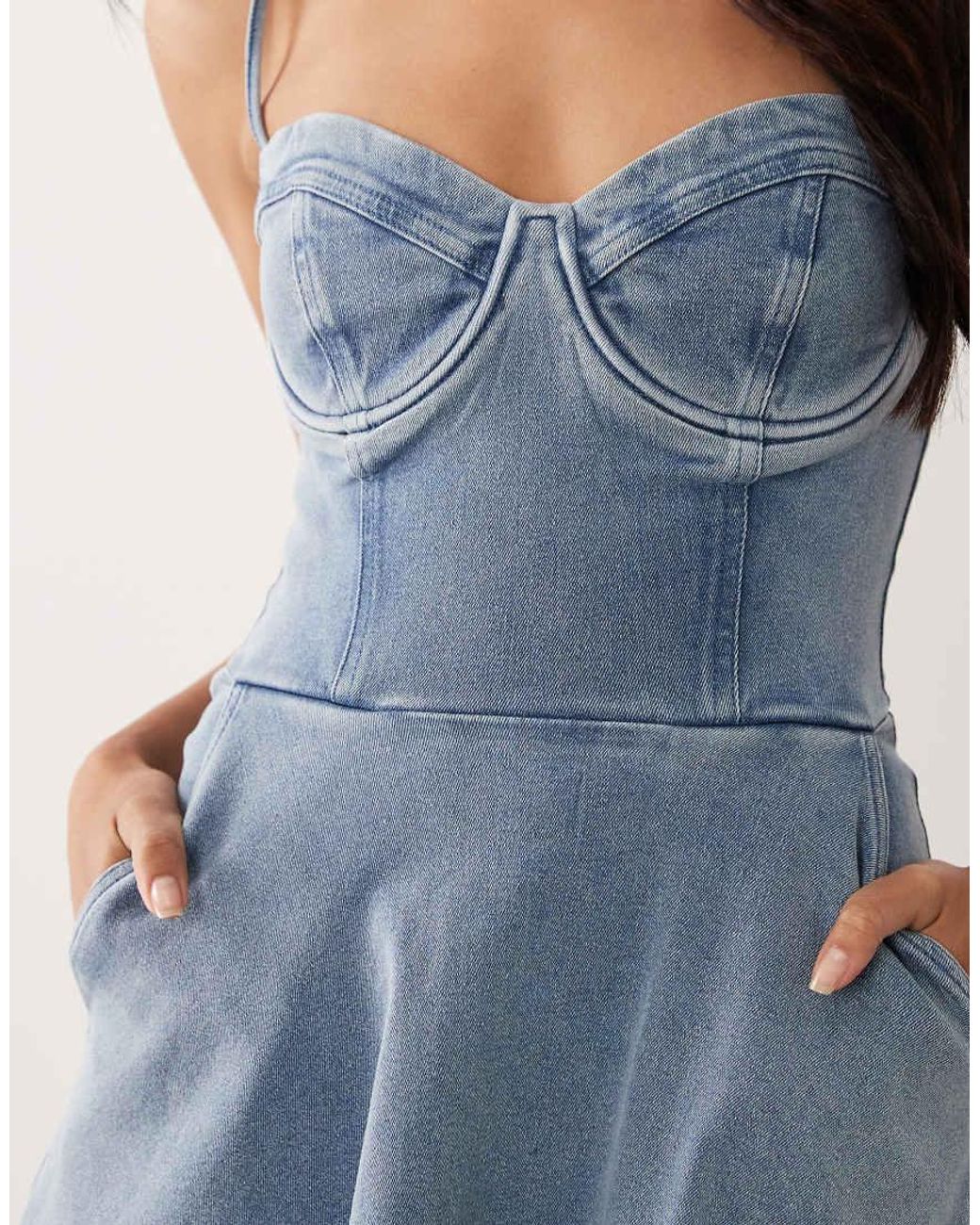 TFNC London Blue Stretch Denim Cami Cup Detail Full Skirt Midi Dress
