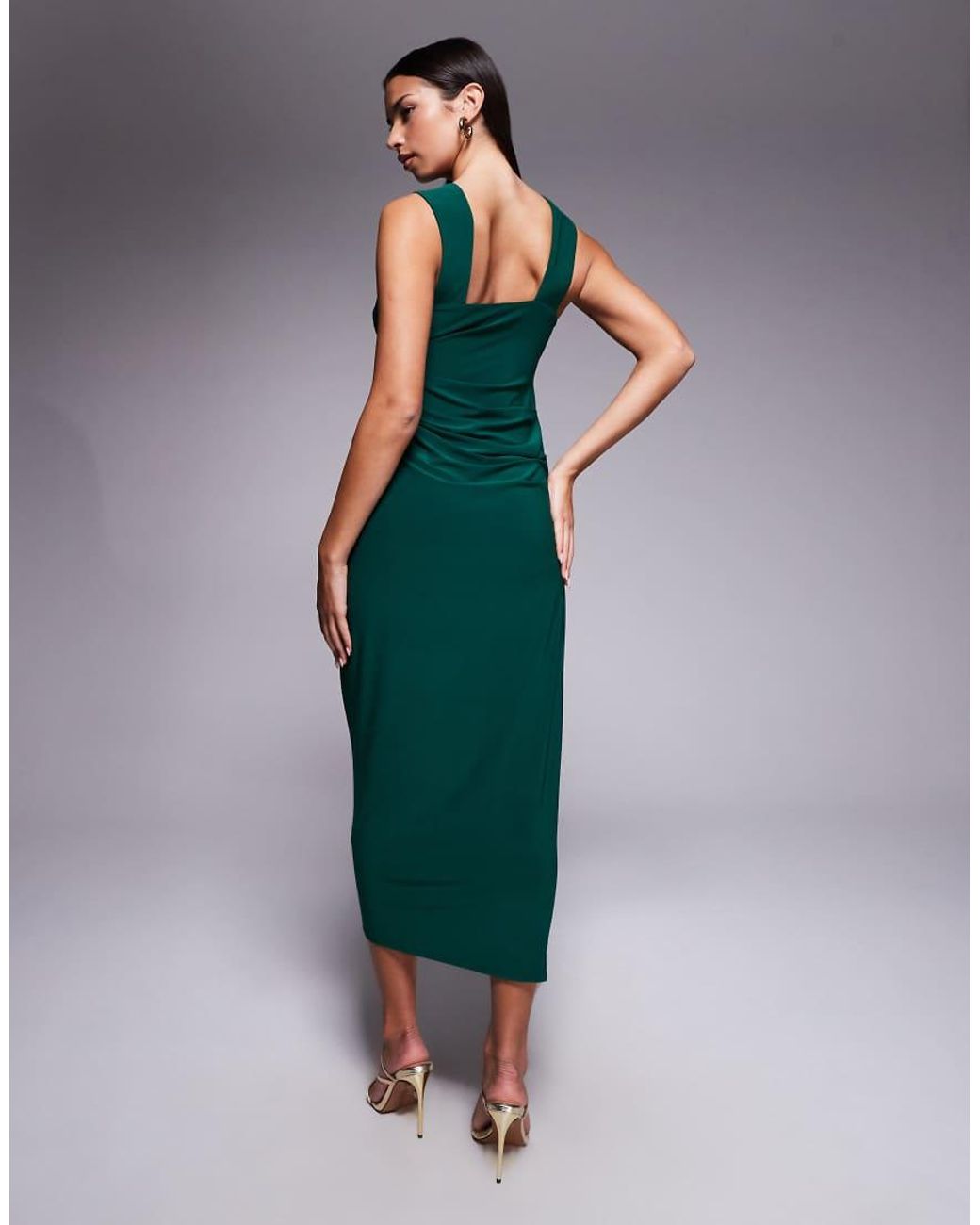 ASOS Green Shaped Neckline Wide Strap With Draped Skirt Midi Dress