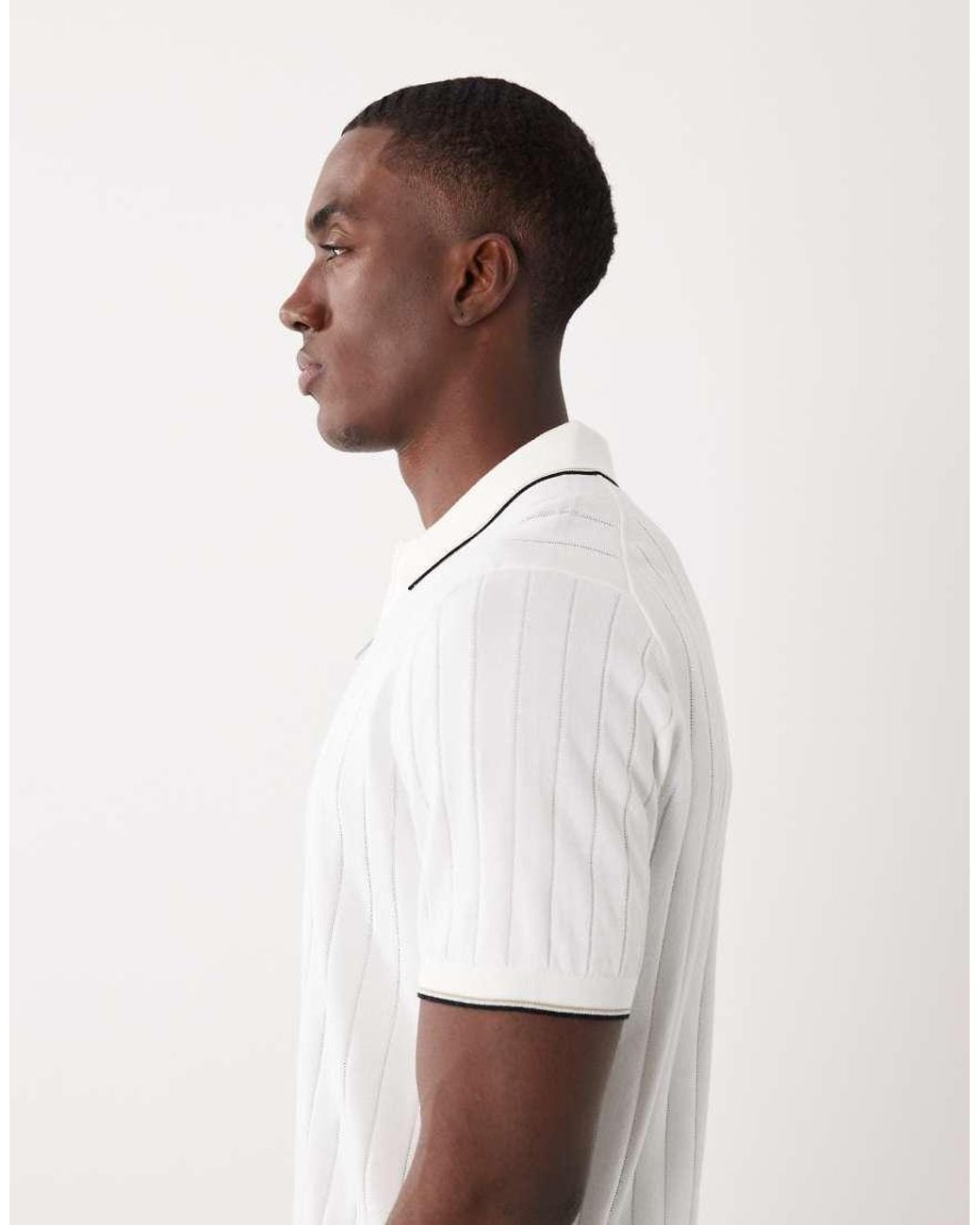 Mango White Ribbed Knit Quarter Zip Polo With Contrast Trim for men