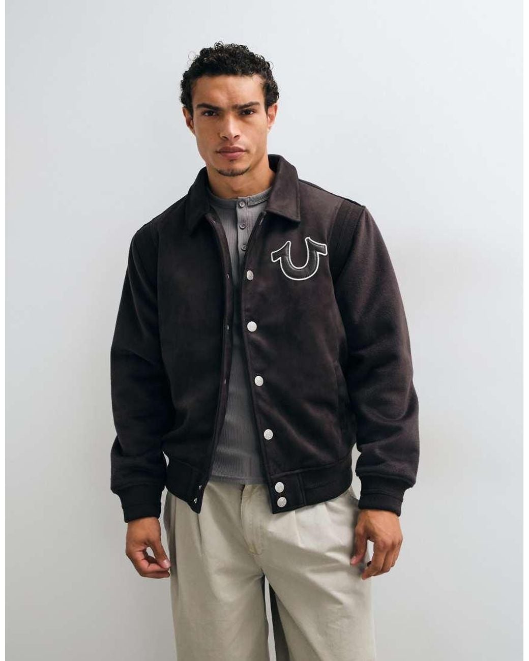 True Religion Brown Back Logo Suede Bomber Jacket for men