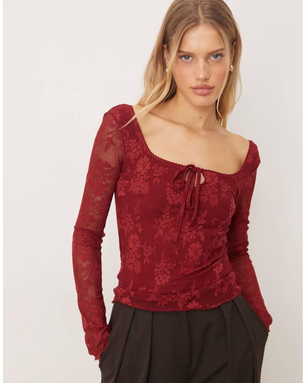 Gina Tricot Red Long Sleeve Tie Front Flower Jacquard Top