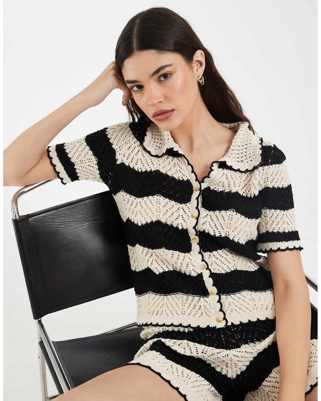 Vero Moda Black Crochet Knit Button Front Polo Top Co-ord
