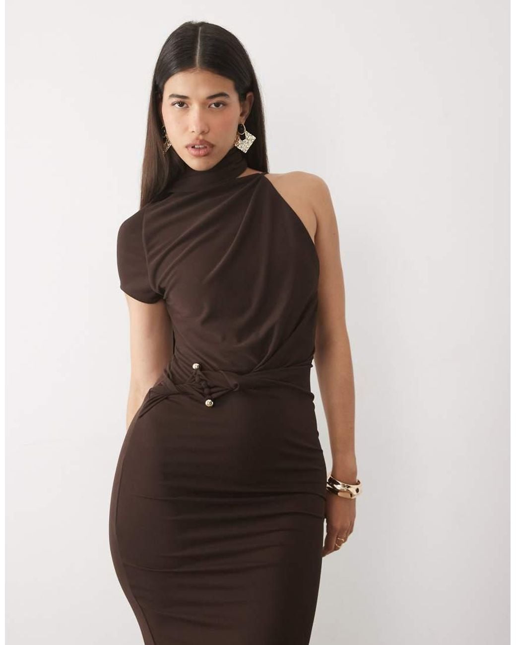 ASOS Brown Scarf Detail Maxi Dress With Ruched Trim Waist