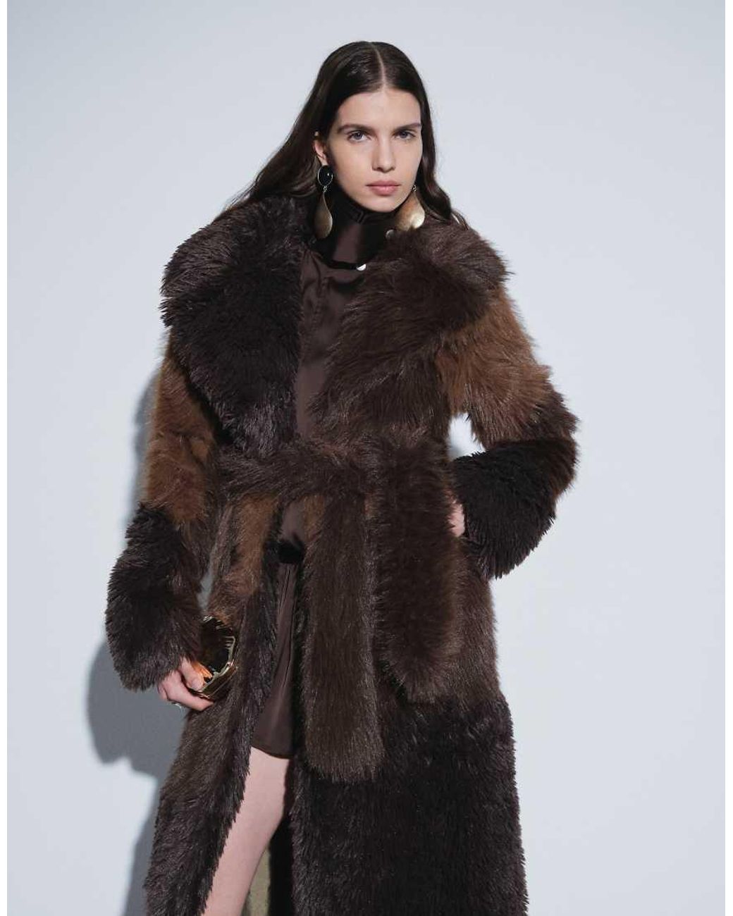 House Of Sunny Brown Faux Fur Longline Coat