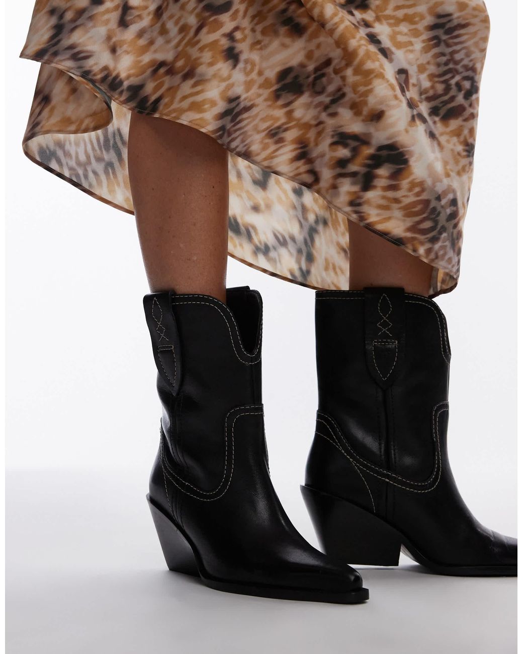 Free People Contrast Stitch Leather Western Boots in Black | Lyst