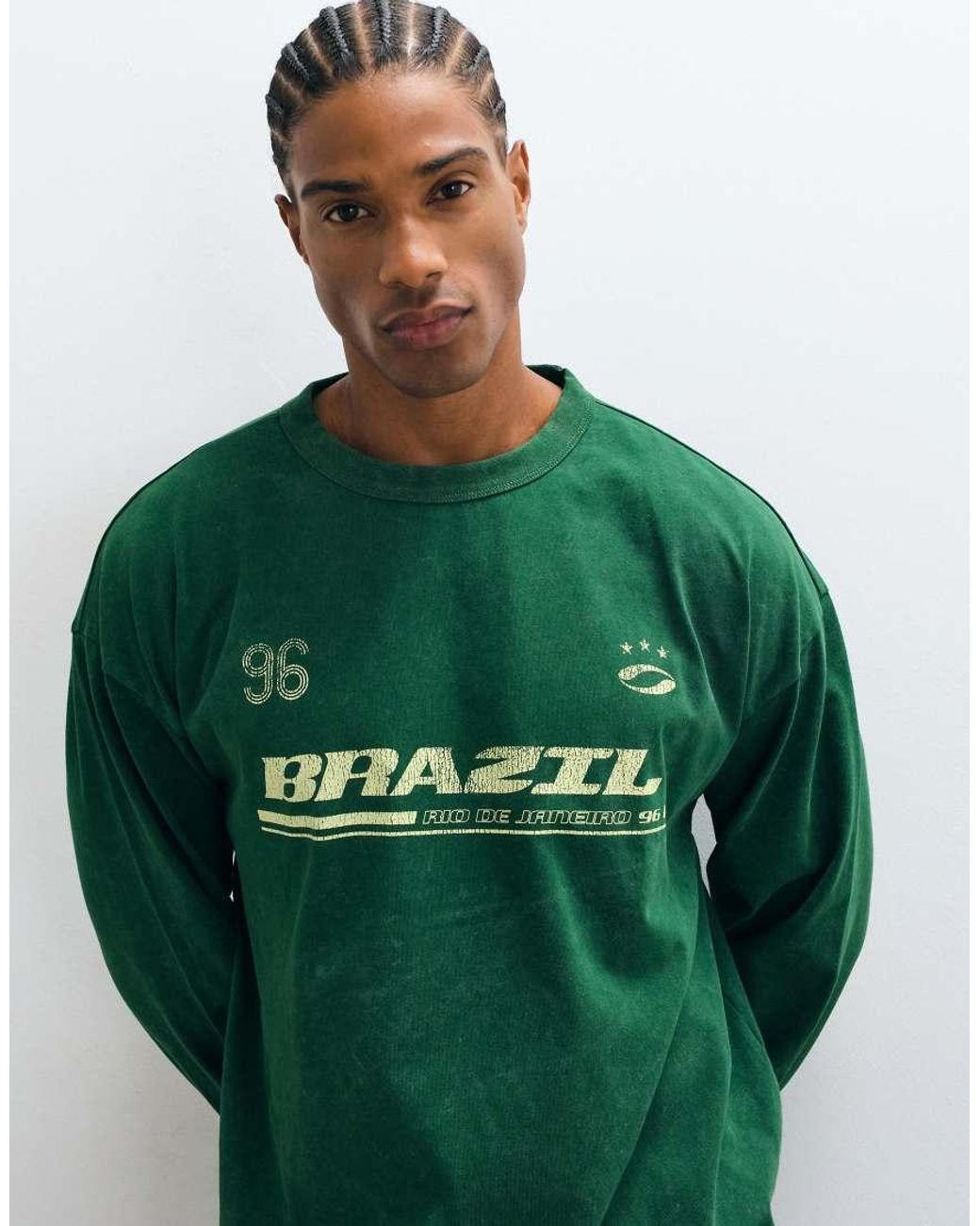ASOS Green Boxy Oversized Long Sleeve T-Shirt With Brazil Graphic for men