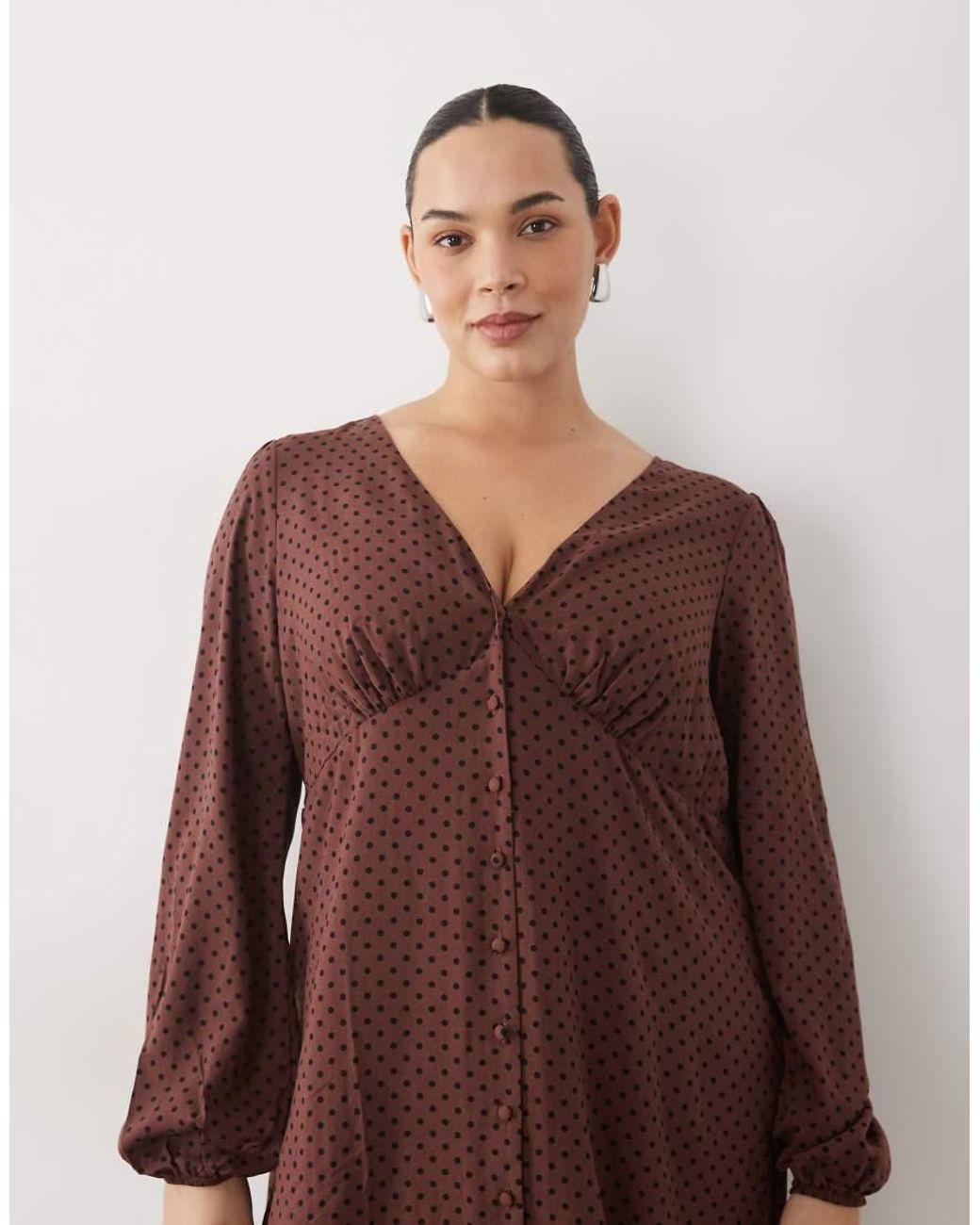 Nobody's Child Brown V Neck Balloon Sleeve Button Front Midi Dress