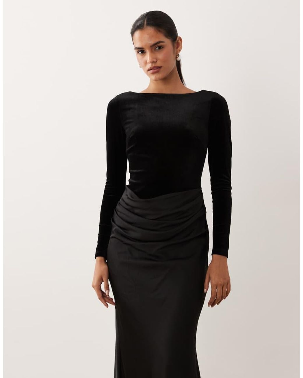 Forever New Black Velvet Long Sleeve Draped Maxi Dress