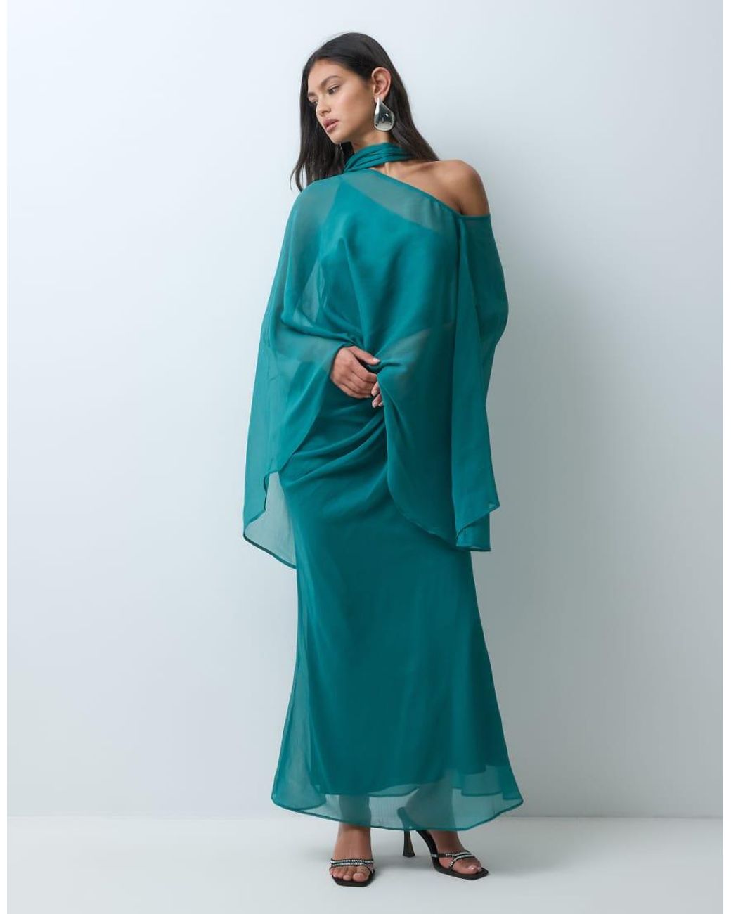 ASOS Blue Off Shoulder Chiffon Cape Maxi Dress With Scarf