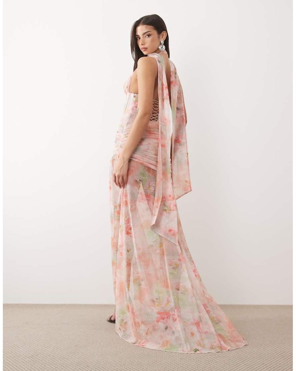 Oh Polly Pink Premium Embellished Scarf And Corset Detailing Maxi Dress