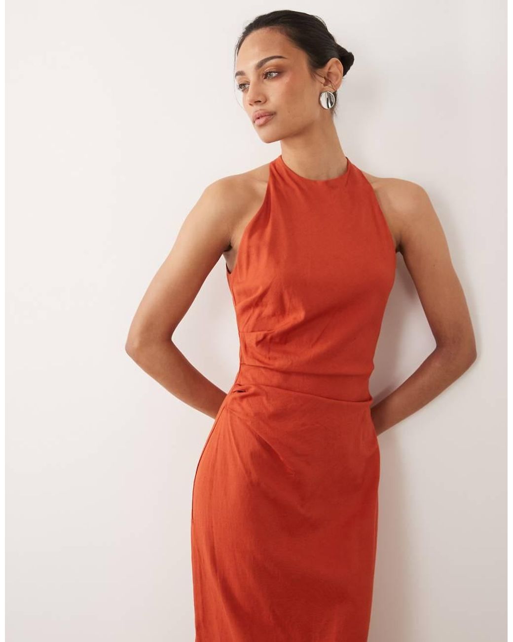 Mango Orange Halter Neck Sleeveless Dress With Drape Detail