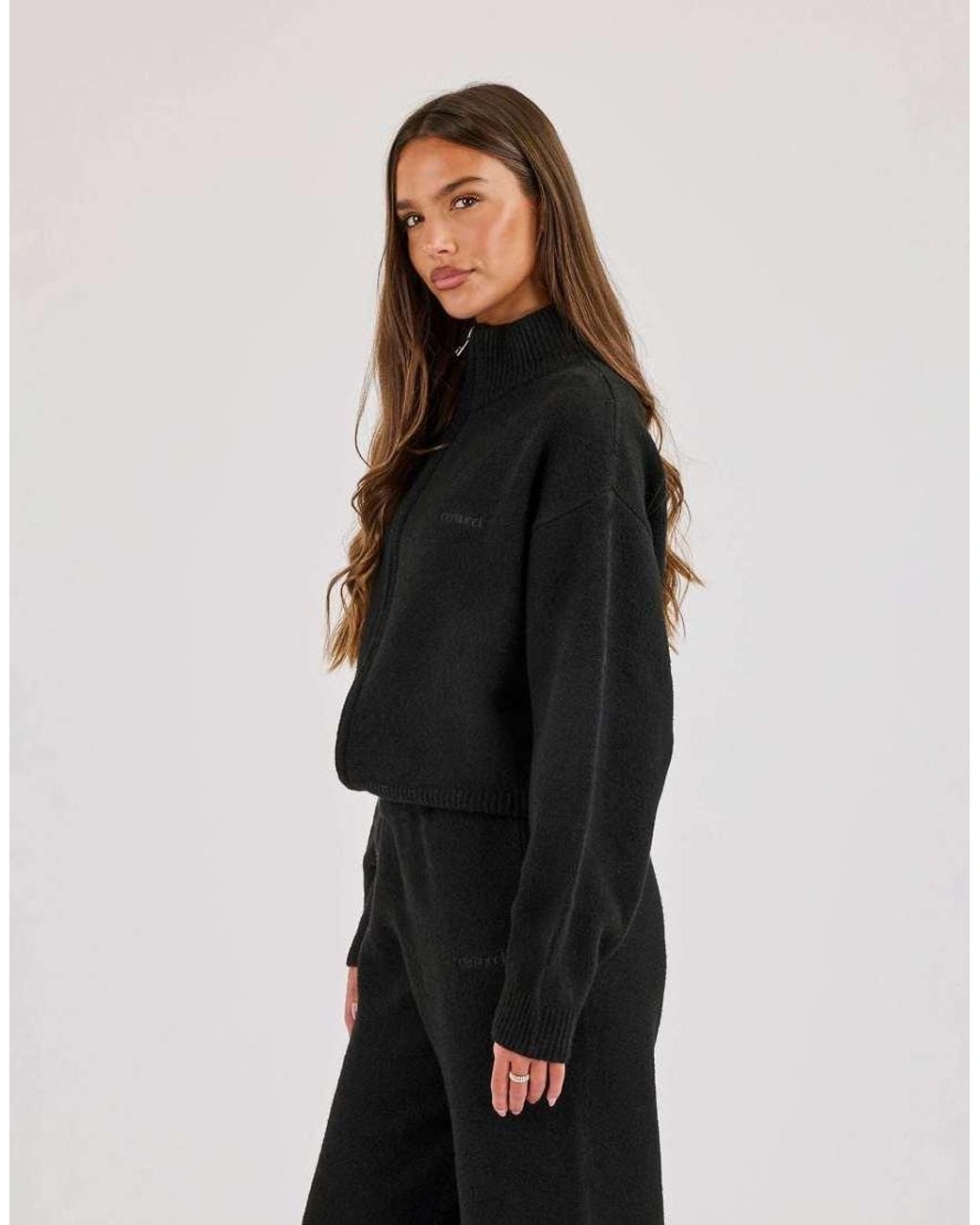 CERNUCCI Black Knitted Embroidered Logo Funnel Neck Zip Through