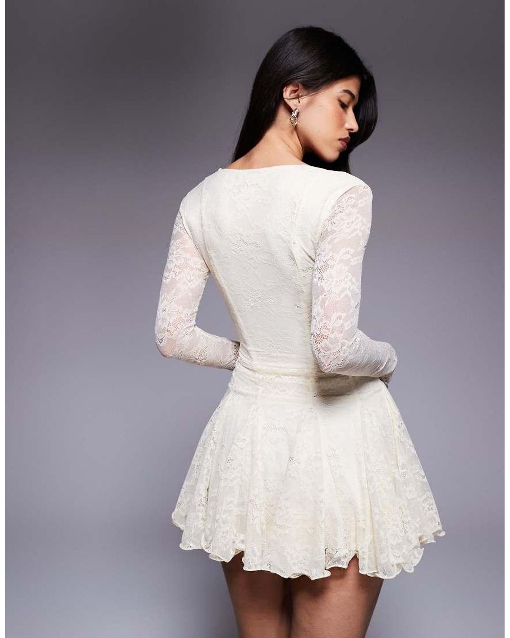 Murci White Square Neck Long Sleeve Gathered Ruffle Hem Lace Mini Dress
