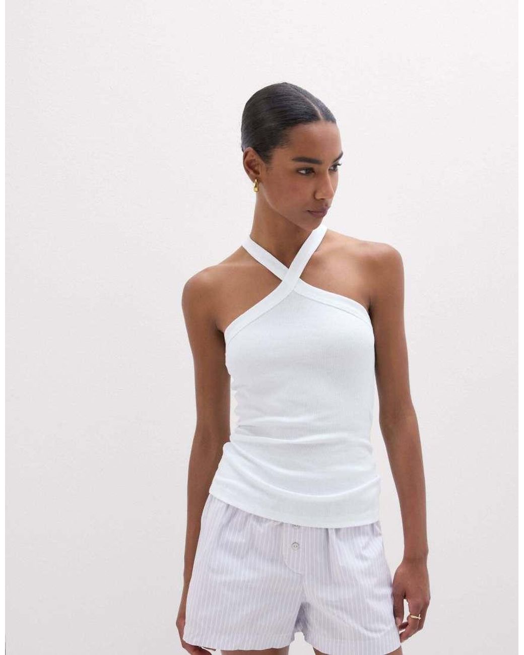 Intimissimi White Ribbed Superior Cotton Crossover Cami