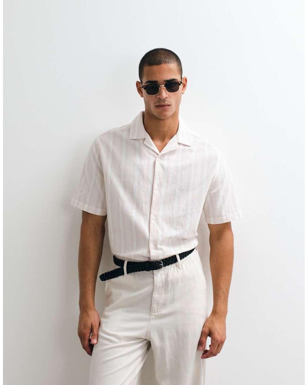 ASOS White Relaxed Linen Look Stripe Shirt for men