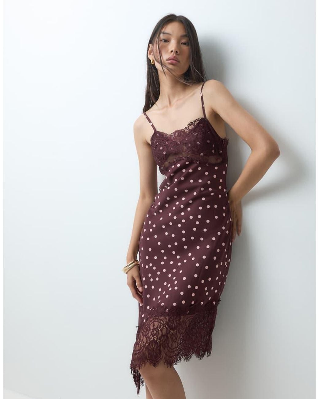 BRONZE SNAKE Red Midi Slip Satin Asymmetric Dress