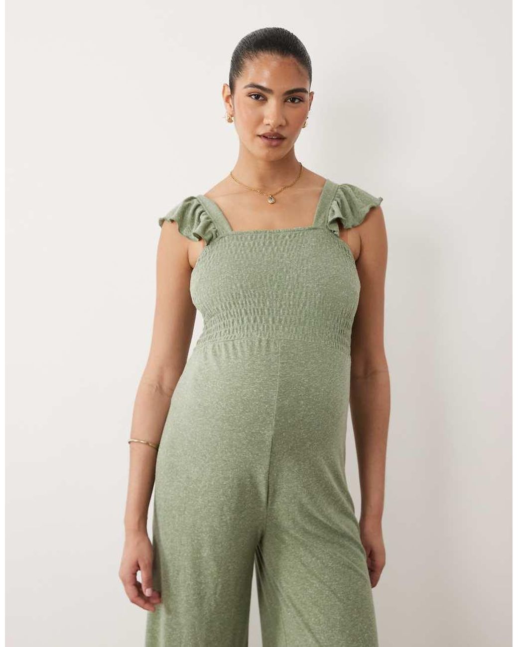Mama.licious Green Mamalicious Maternity Shirred Bust Jersey Wide Leg Jumpsuit With Frill Strap Detail