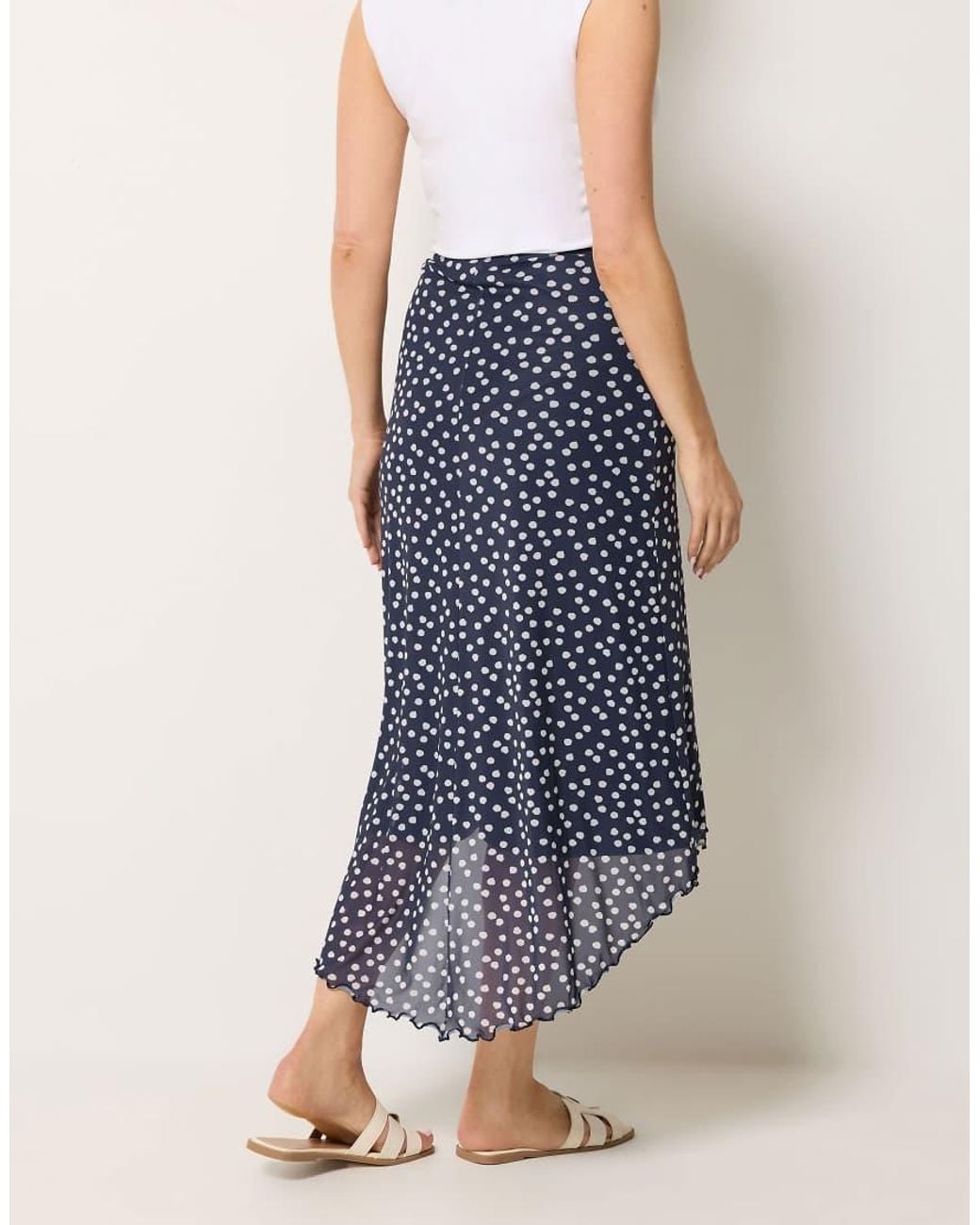 Long Tall Sally Blue Polka Dot Asymmetric Mesh Midi Skirt