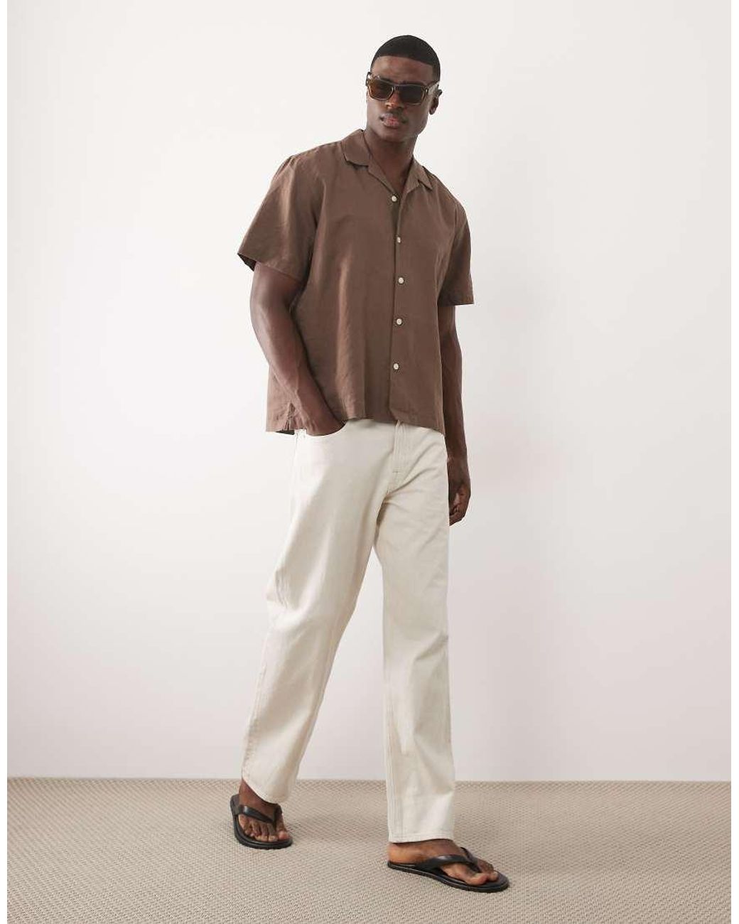 SELECTED Brown Linen Blend Short Sleeve Shirt for men