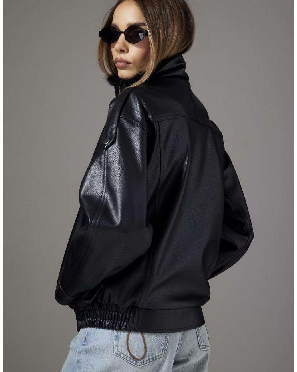 River Island Black Fur Trim Faux Leather Bomber Jacket