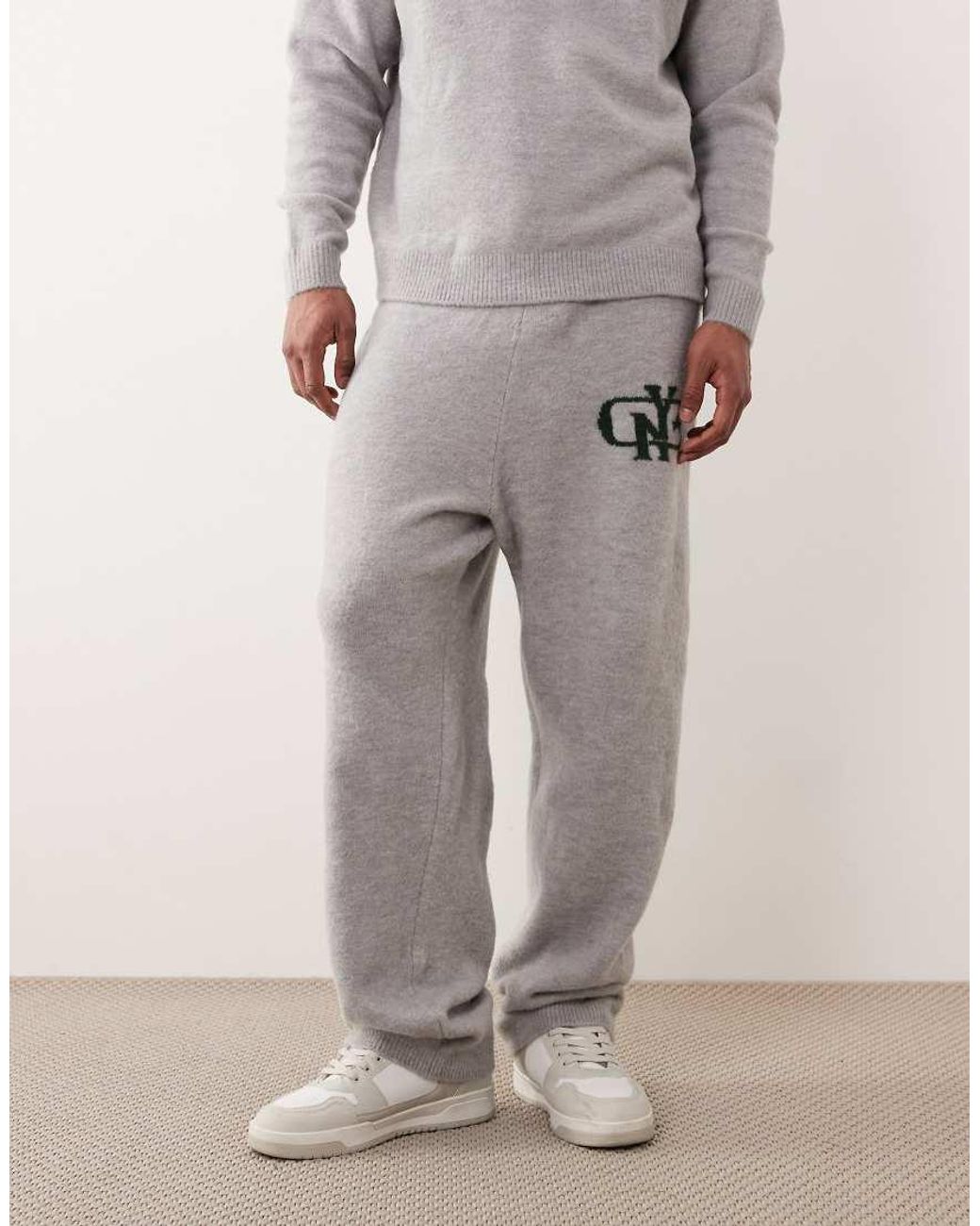 ASOS Gray Oversized Knitted Cuffed Trackies With Nyc Chest Logo for men