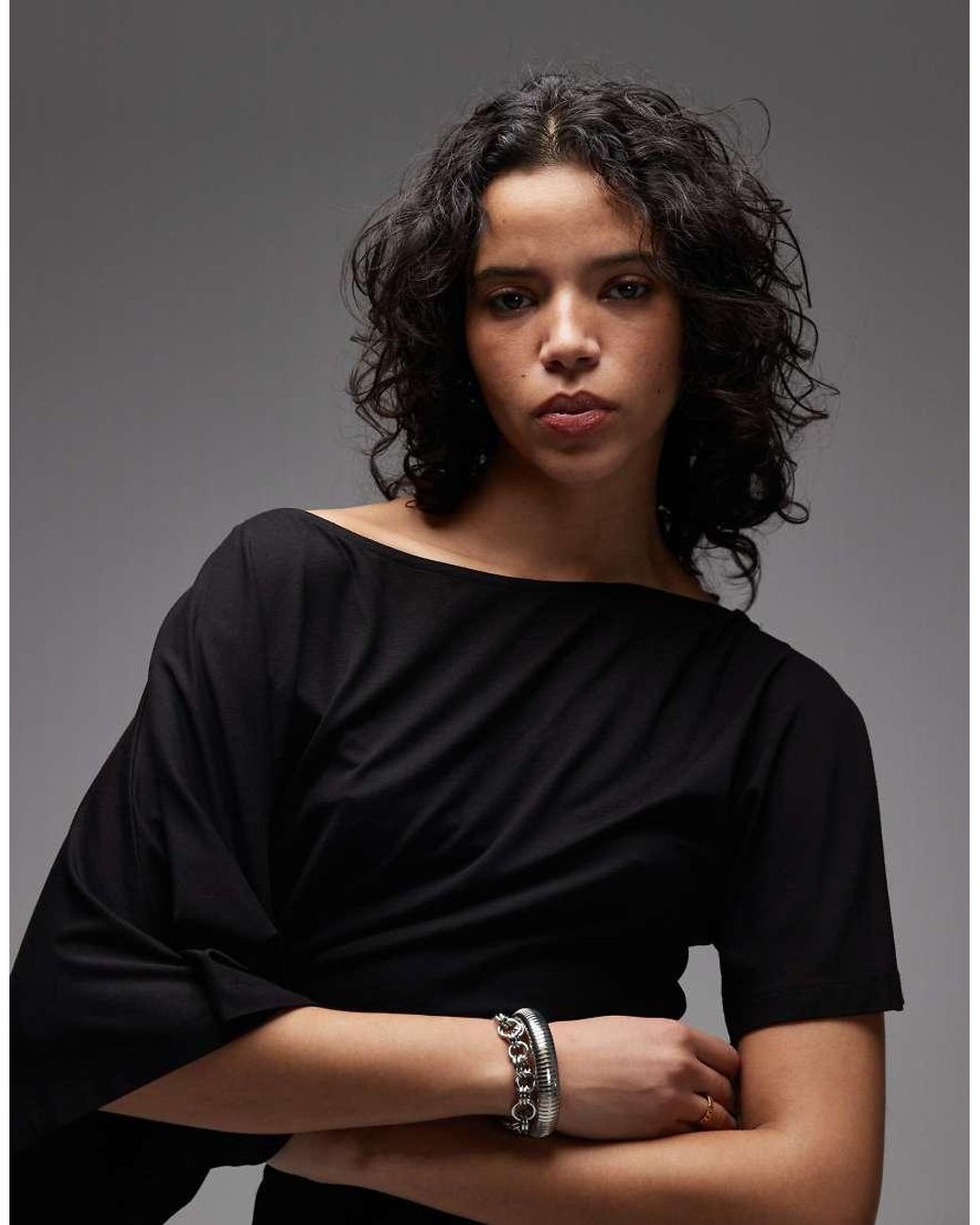 ASOS Black Fallen Shoulder With Cinched Waist Top