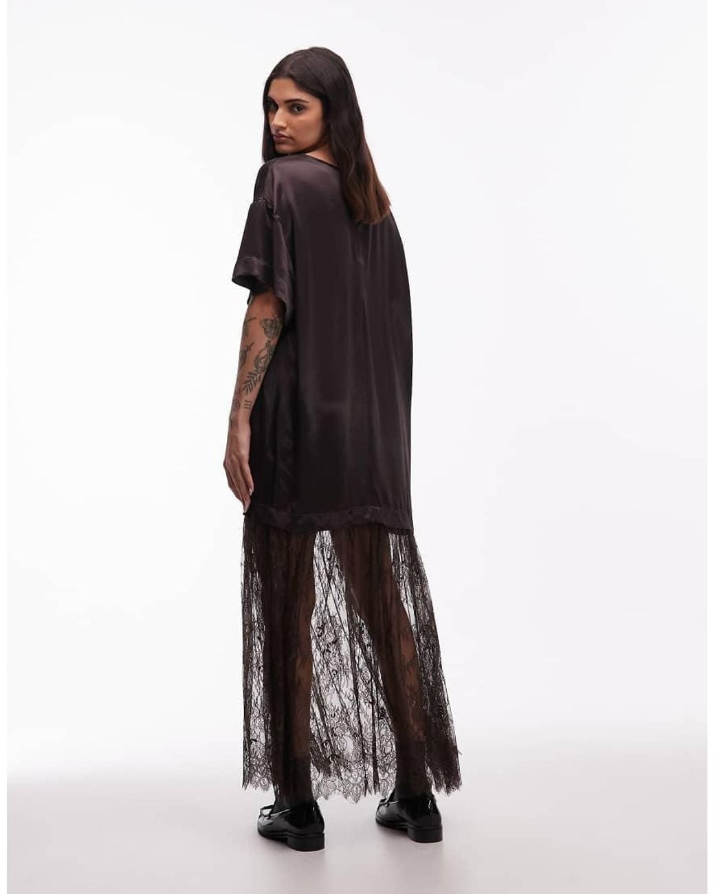 ASOS Brown Satin T-Shirt Hybrid Maxi Dress With Lace Skirt