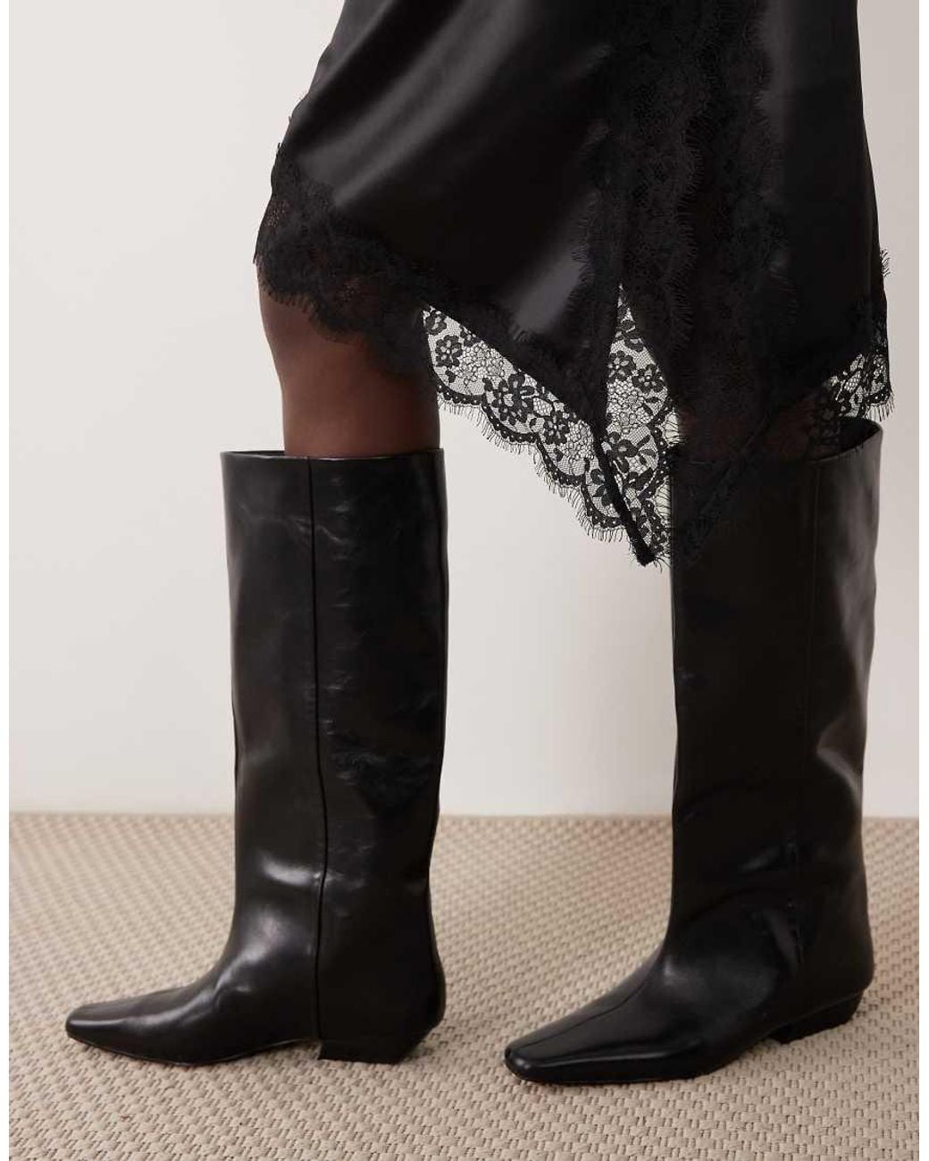 Pieces Black Asymmetric Lace Trim Satin Mini Skirt