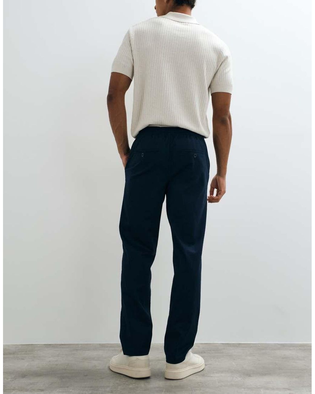 Threadbare White Drawstring Waist Straight Leg Trousers With Pleat for men