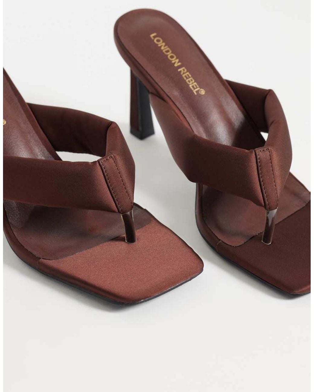 London Rebel Brown Seren Satin Thong Heeled Sandals