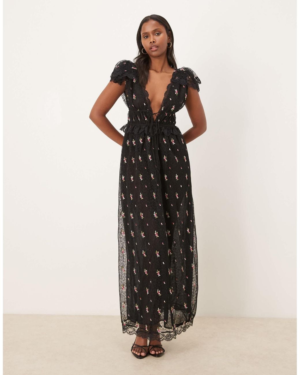 For Love & Lemons Poppy Pleated Lace Maxi Dress in Natural | Lyst