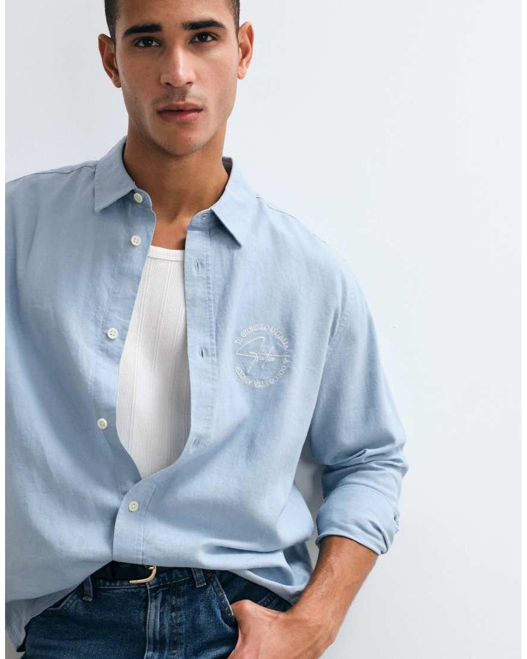 ASOS Blue Relaxed Linen Blend Shirt With Chest Embroidery for men