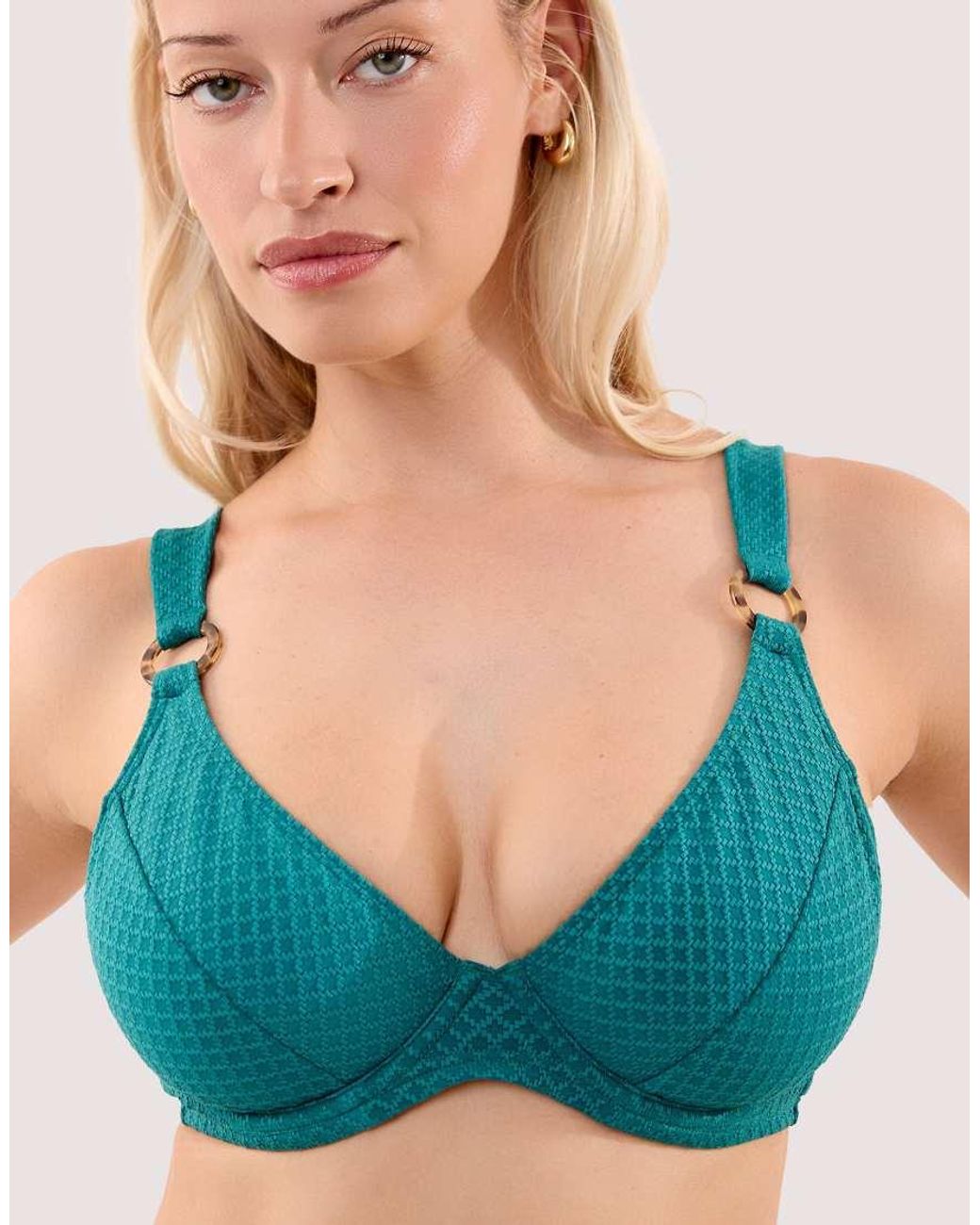 Wolf & Whistle Green Ariel Emerald Textured Underwire Plunge Bikini Top With Ring