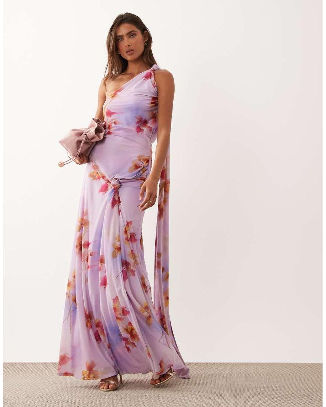 ASOS Pink Printed Stretch Chiffon Drape Maxi Dress
