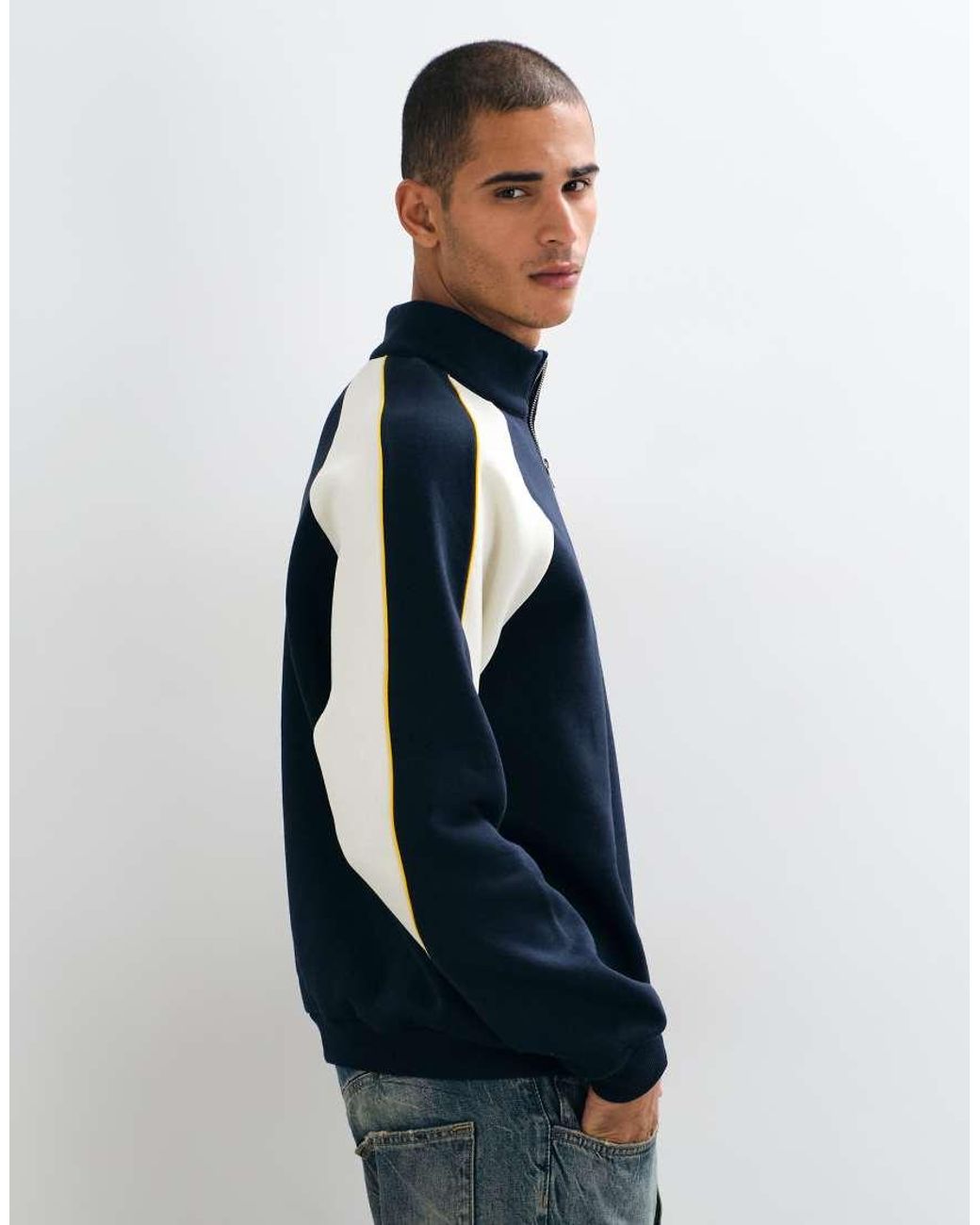 ASOS Blue Relaxed Half Zip Sweatshirt With Cut & Sew Panelling And Piping for men