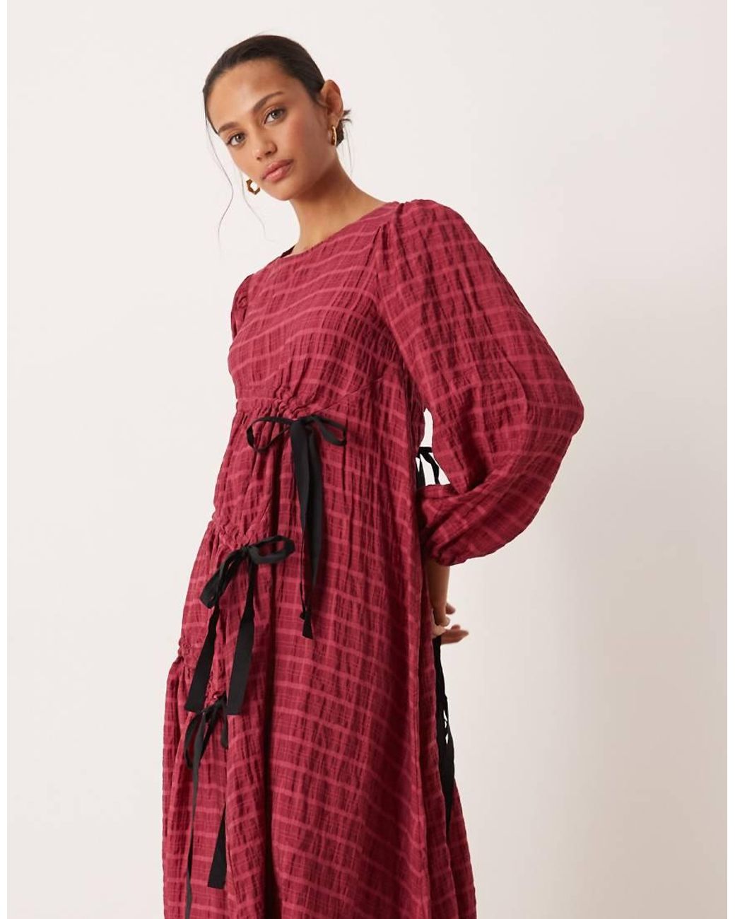 Ghospell Red Cotton Rich Ruched Detail Midi Dress