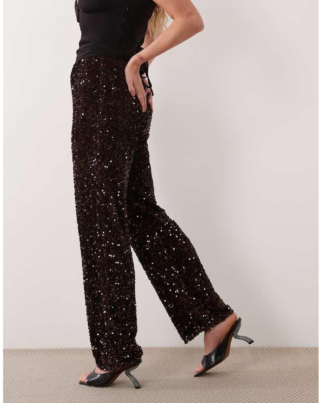 Pieces Black Wide Leg Velour Sequin Trousers